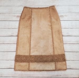 Escada Calfskin Leather Mohair Crochet Knee Length Stitched Detail Tan Skirt 36